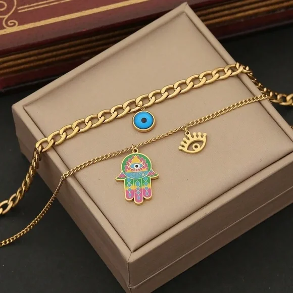 Gold Tone Stainless Steel Evil Eye Hamsa Multilayer Necklace - Picture 3 of 3